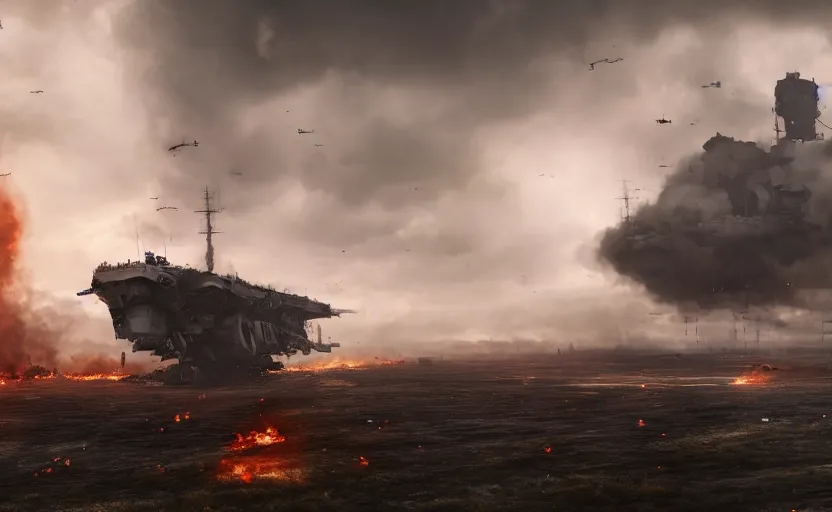 Image similar to an immense steampunk aircraft carrier crashed and burning in a field, thick black smoke billowing, turbulent storm clouds, dystopian, sharp focus, octane render, imax