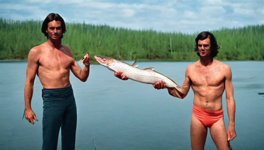 Image similar to 7 0 s movie still of thierry baudet in speedo, proudly holding a salmon on a fishing trip in siberia. cinestill 8 0 0 t _ 3 5 mm eastmancolor, heavy grain, high quality, high detail