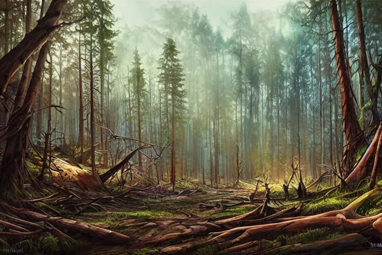 Prompt: painting of a destroyed forest battleground, fine details, magali villeneuve, artgerm, rutkowski