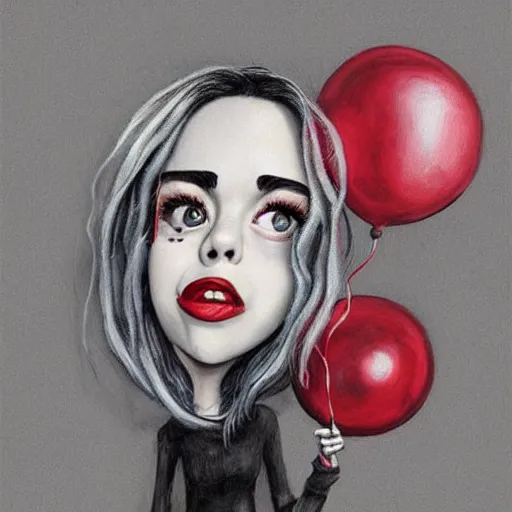 Prompt: surrealism grunge cartoon portrait sketch of billie eilish with a wide smile and a red balloon by - michael karcz, loony toons style, dr seuss style, horror theme, detailed, elegant, intricate