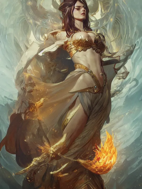 Image similar to powerful summoner with a fire elemental, fantasy, man, intricate, elegant, highly detailed, digital painting, artstation, concept art, wallpaper, smooth, sharp focus, illustration, art by artgerm and greg rutkowski and alphonse mucha