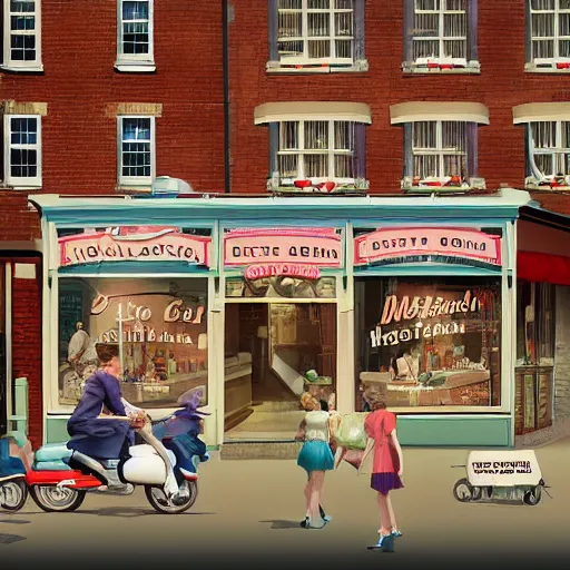 Image similar to digital matte glossy painting nostalgic 1 9 5 0 s ice cream and village britain, detailed in the style of trevor mitchell