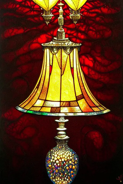 Prompt: a hyperrealistic painting of the most fancy embellished jeweled stained glass golden silver metallic beautiful lamp i've even seen, cinematic horror by jimmy alonzo, the art of skinner, chris cunningham, lisa frank, richard corben, highly detailed, vivid color,