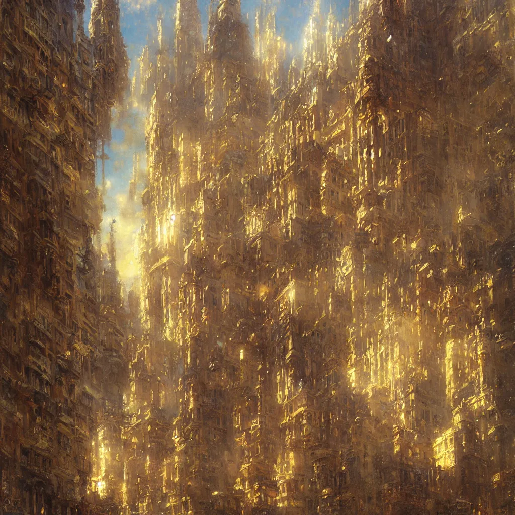 Prompt: detailed cinematic low angle shot of chrysller building, spring light, painting by gaston bussiere, craig mullins, j. c. leyendecker