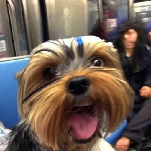 Prompt: yorkie dog taking a selfie in a subway train with angry homeless people behind him, realistic photo