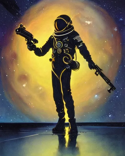 Image similar to a painting of a spaceman holding a rifle, concept art by michael whelan and tim white and vincent di fate, featured on deviantart, space art, concept art, sci - fi, cosmic horror