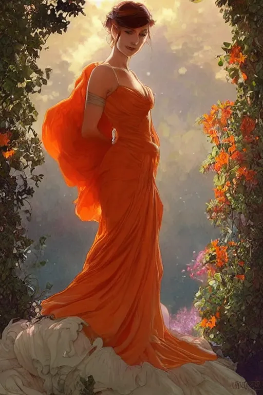 Prompt: man in orange shirt fastens dress, beautiful creation to his spouse before going to exquisite gala art by artgerm and greg rutkowski and charlie bowater and magali villeneuve and alphonse mucha