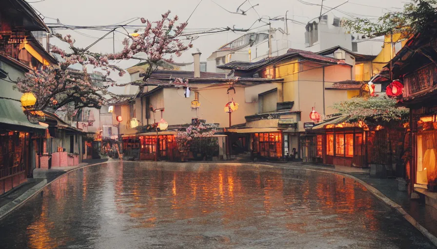 Prompt: a Wes Anderson 35mm film still of a very surreal magic small eco mountain town, like Kyoto, and Paris, golden hour, clean, falling cherry blossom pedals, in the style of Gucci, James Jean color palette, glowing warm lights and floating lanterns, foggy atmosphere, rainy, moody, muted colors, magic details, high detail, high resolution, 8k, cinematic look, octane render, psychedelic,