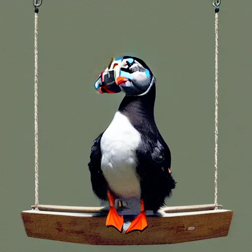 Image similar to realistic puffin sitting on a big swing, hyper detailed, trending on artstation