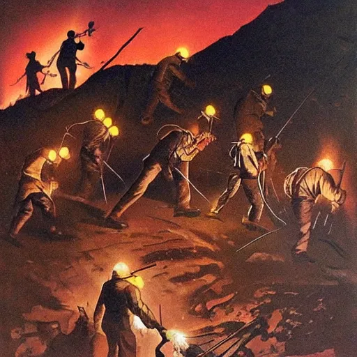 Prompt: mob of torch welding villagers walking up a hill at night. Artwork by Frank Frazetta