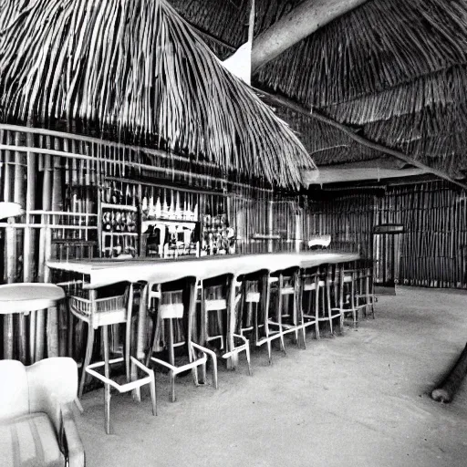 Image similar to mid century tiki bar empty with no people. bamboo. highly detailed retro 3 5 mm photo.