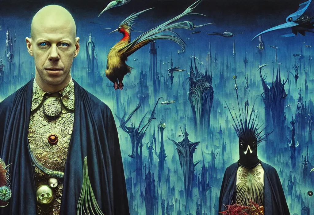 Prompt: realistic detailed portrait movie still of a birdman wearing dark robes, sci fi city landscape background by denis villeneuve, amano, yves tanguy, alphonse mucha, ernst haeckel, max ernst, roger dean, masterpiece, rich moody colours, cinematic, blue eyes, snarling dog teeth