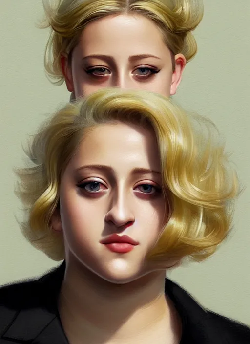 Image similar to full body portrait, teenage lili reinhart, blonde hair, obese, bangs, ponytail, sultry, realistic, sultry smirk, fluffy bangs, curly bangs, fat, belly, intricate, elegant, highly detailed, digital painting, artstation, concept art, smooth, sharp focus, illustration, art by wlop, mars ravelo and greg rutkowski