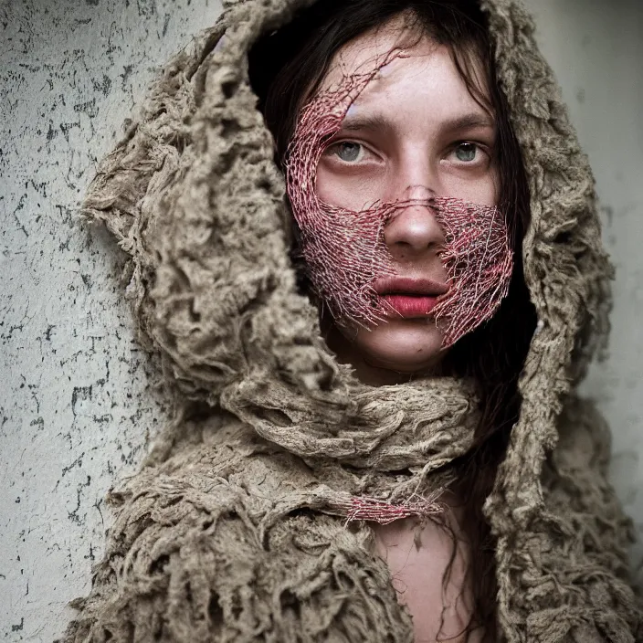 Image similar to a closeup portrait of a woman wearing a hooded cloak made of zinnias and barbed wire, in a derelict house, by Petra Collins, natural light, detailed face, CANON Eos C300, ƒ1.8, 35mm, 8K, medium-format print