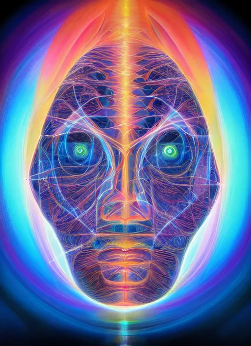 Image similar to humankind transcendence into collaborative intelligence, group intelligence, ai, by alex grey, album cover, award winning, beautiful, colorful, volumetric lighting, trending on artstation