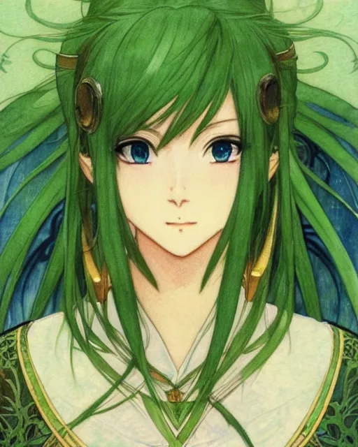 Prompt: A watercolor side portrait of a beautiful anime Link looking to the side while wearing a green tunic, elegant, delicate, soft lines, higly detailed, smooth , pixiv art, ArtStation, lime and gold hue, artgem, art by alphonse mucha charles reid mary cassatt and shirow masamune, high quality