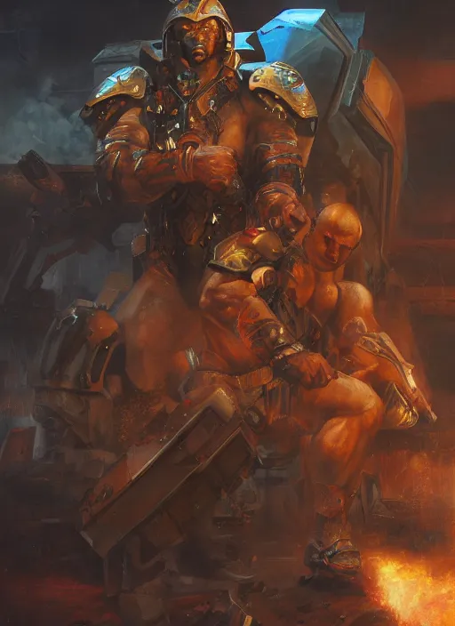 Prompt: portrait of a handsome brute warrior in a futuristic warzone. art by denys tsiperko and dan dos santos and boris vallejo. detailed, hyperrealism, macho, 8 k resolution