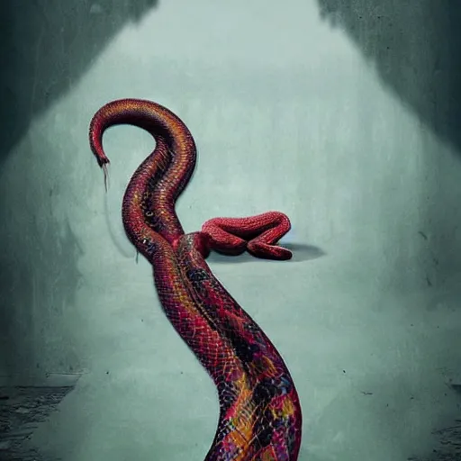 Image similar to kaleidoscopic, manmade by reylia slaby formicapunk. a beautiful installation art of a snake eating its own tail that seems to go on forever.