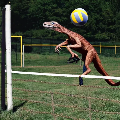 Image similar to a velociraptor playing volleyball with a horse