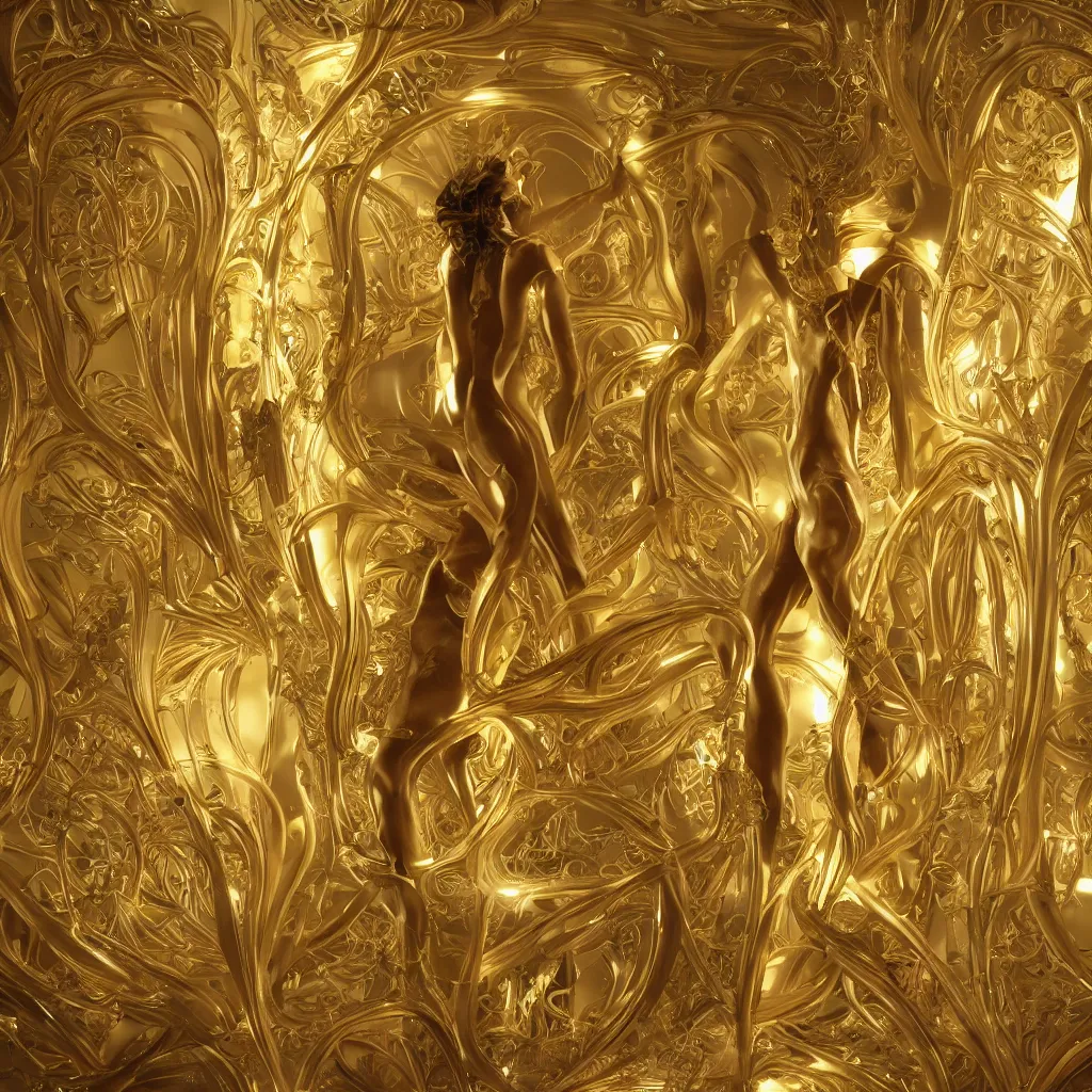 Prompt: human body shining thin golden Art Nouveau curs from inside, cinematic realistic photo, octane render