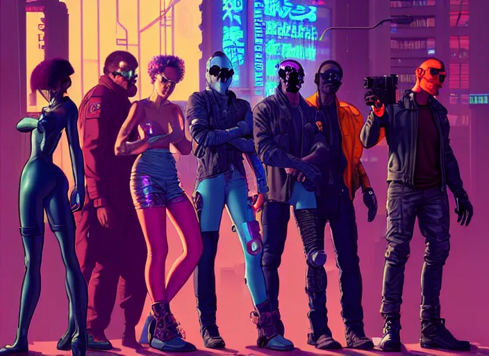 Prompt: cyberpunk street gang. portrait by stonehouse and mœbius and will eisner and gil elvgren and pixar. character design. realistic proportions. cyberpunk 2 0 7 7 character art, blade runner 2 0 4 9 concept art. cel shading. attractive face. thick lines. the team. diverse characters. artstationhq.