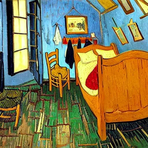 Image similar to a cozy bedroom decorated by van gogh, detailed, high resolution, wow!, intricate