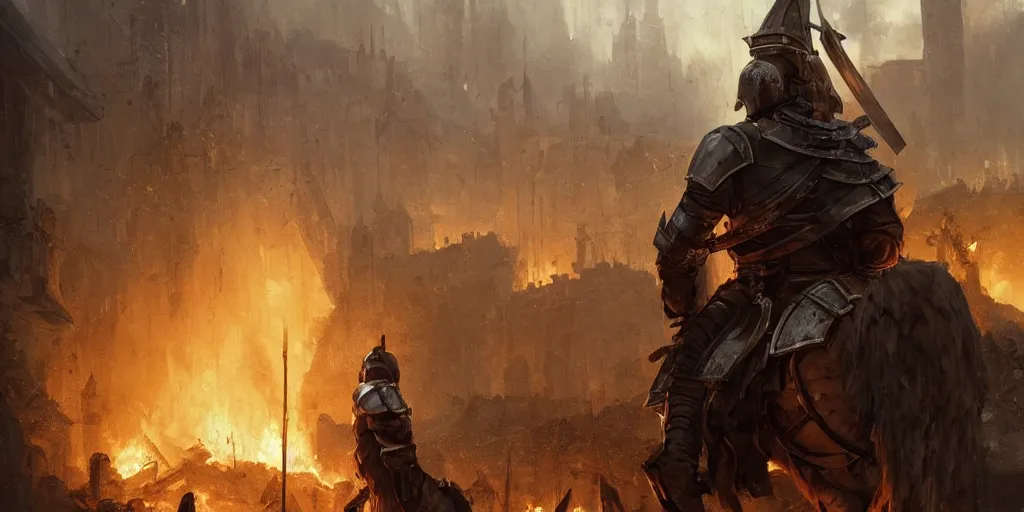 Image similar to a painting of a cinematic keyframe of a medieval knight warrior with his sword walking into a destroyed medieval town, with fire by greg rutkowski, rule of thirds, golden ratio, ambient lighting, wlop, artgerm, artstation, highly detailed masterpiece, dark fantasy art, high detail, trending on artstation