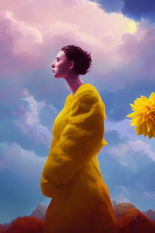 Image similar to closeup girl with huge yellow dahlia flower face, intricate, standing on mountain, surreal photography, blue storm clouds, dramatic light, impressionist painting, digital painting, artstation, simon stalenhag