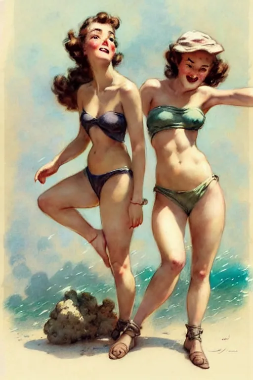 Prompt: (((((1950s three adventure bikini girls playing together character illustration. muted colors.))))) by Jean-Baptiste Monge !!!!!!!!!!!!!!!!!!!!!!!!!!!