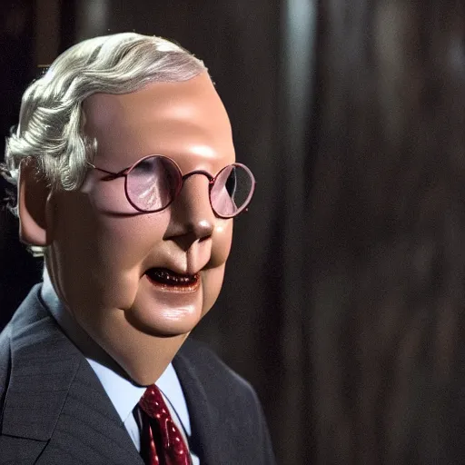 Image similar to the melting slimy face of villain mitch mcconnell flesh monster. horror film production photograph.