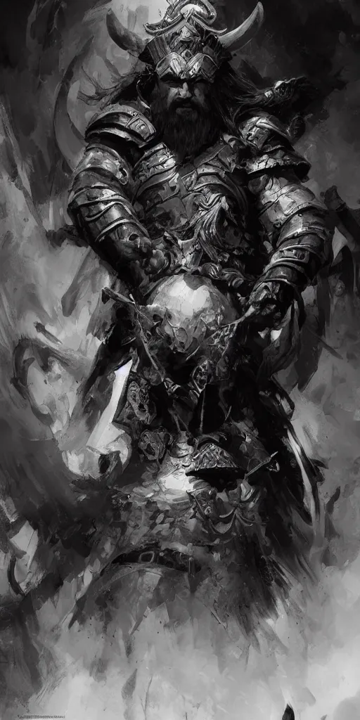 Image similar to highly detailed beautiful black and white photography of a viking, sharp focus, dynamic lighting, warhammer, elegant harmony, beauty, masterpiece, by riccardo federici, by craig mullins, by greg tocchini, by greg rutkowski