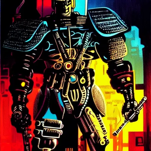 Image similar to schwarzenegger as cyberpunk knight, atmospheric lighting, painted, intricate, golden hour, ultra detailed by philippe druillet