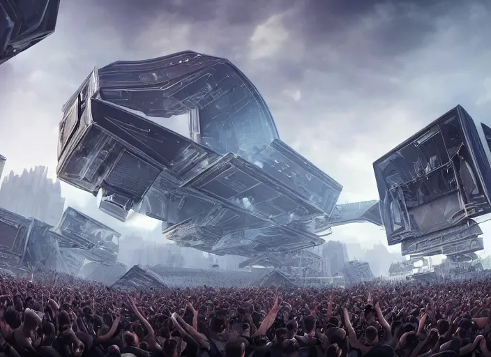 Image similar to ultra realistic, mainstage design of harder styles music festival in 2 0 5 0, futuristic, brutalism, octane render, sharp focus cinematic lighting, dramatic perspective, highly detailed, 4 k, 8 k