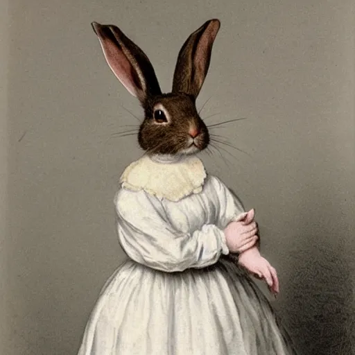 Image similar to a victorian portrait of a rabbit wearing a white dress