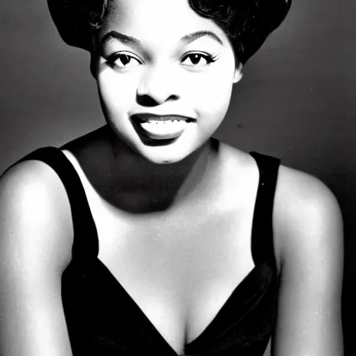 Prompt: black and white photo of a beautiful and elegant 1 9 6 5 young black actress