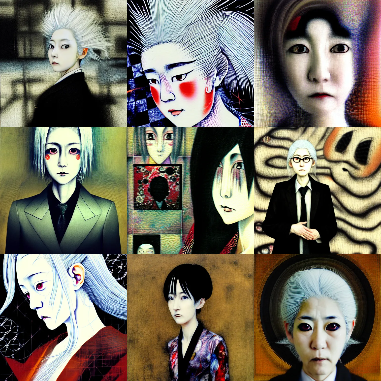 Prompt: yoshitaka amano blurred and dreamy realistic three quarter angle portrait of a woman with white hair and black eyes wearing dress suit with tie, junji ito abstract patterns in the background, satoshi kon anime, noisy film grain effect, highly detailed, renaissance oil painting, weird portrait angle, blurred lost edges