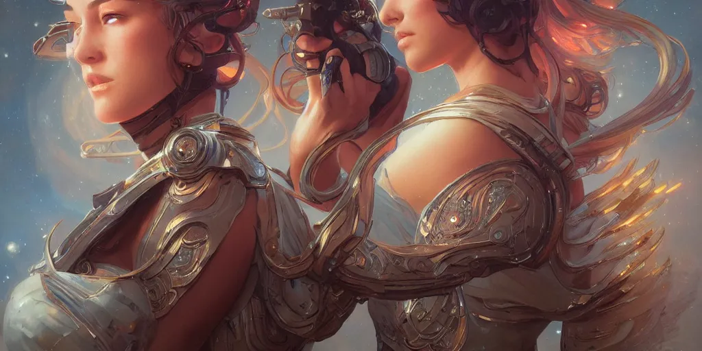 Prompt: epic portrait an space star goddess, intricate, full frontal shot, highly detailed, digital painting, artstation, concept art, sharp focus, illustration, art by artgerm and greg rutkowski and alphonse mucha