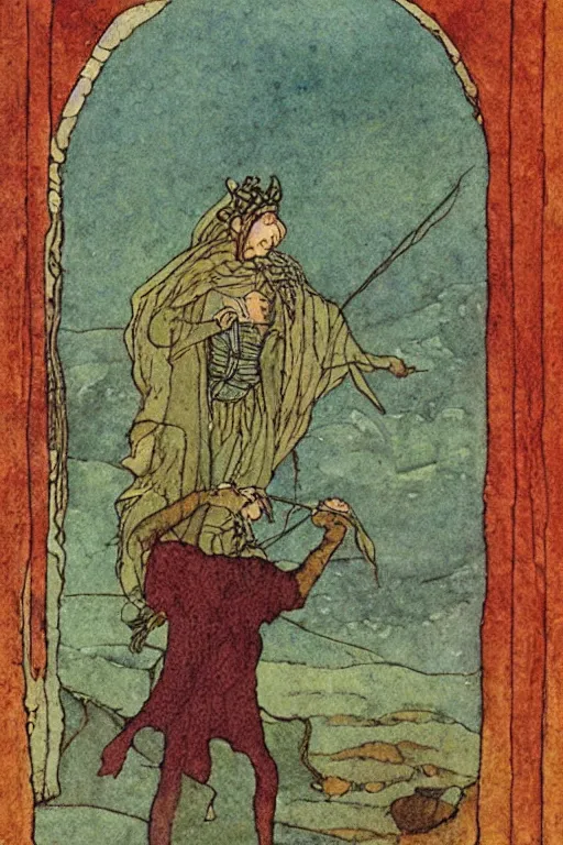 Prompt: illustration by Edmund Dulac showing Samuel Beckett as arabian sorcer, 1001 nights
