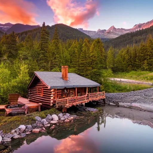Prompt: DSLR still of a beautiful mountainside river with a pier and a log cabin at sunrise in summer, 4k