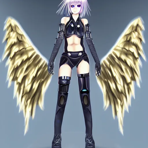 Image similar to gorgeous small female android cyborg - angel large angelic wings, left eye gold and right eye silver, cyberpunk - anime character - concept art