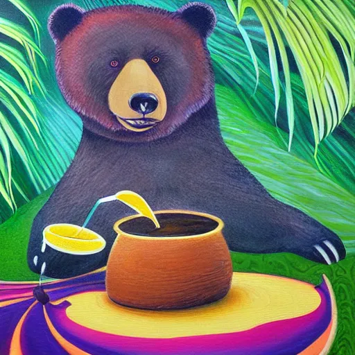 Image similar to bear drinking a pina colada from a coconut | award winning psychedelic oil painting on canvas