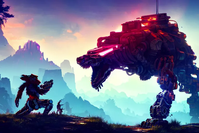 Prompt: wolf - tank machine mecanical creature robot of horizon forbidden west horizon zero dawn radiating a glowing aura global illumination ray tracing hdr fanart arstation by ian pesty and alena aenami artworks in 4 k