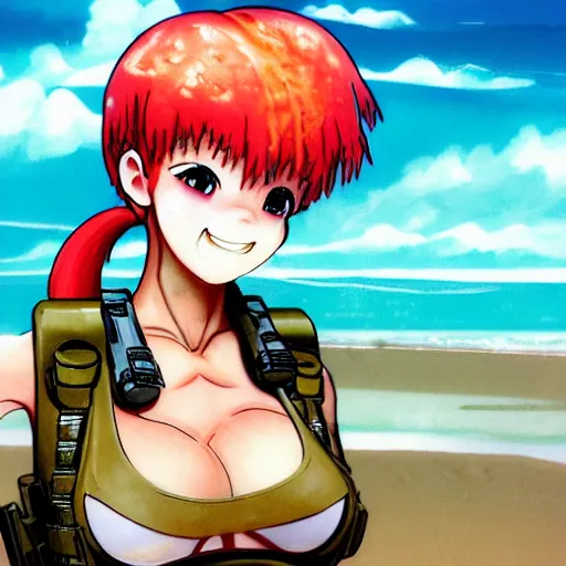 Prompt: Extremely Detailed and Full Portrait scene of Gooey Ocean scene in ink and refined sand, Red head pigtail anime woman with Military gear. Wearing a Army vest full body smiling while eating a sloppy cheese burger. The cheeseburger is leaking red sauce all over the beach by Akihito Yoshitomi AND Yoji Shinkawa AND Greg Rutkowski, Mark Arian artstation, pixiv