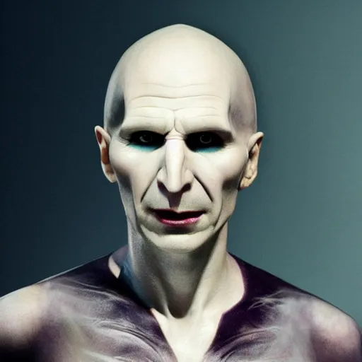Prompt: Ralph Fiennes playing Lord Voldemort, the famous drag queen of the Harry Potter series
