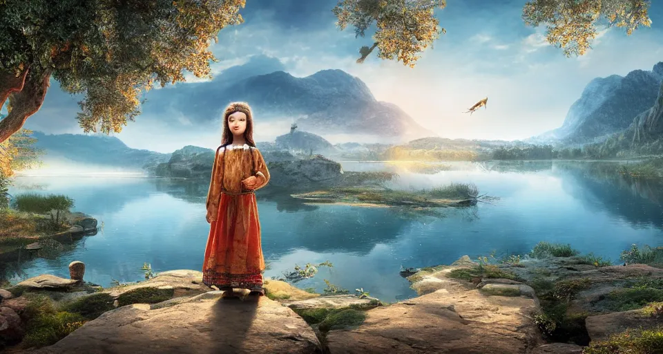 Image similar to spectacular ancient little girl with rugs standing on the edge of the beautiful lake. morning time an amazingly beautiful scene. beautiful lighting, 4 k post - processing, trending in art station, cg society, highly detailed, 5 k extremely detailed, 3 d. cinematic scene.