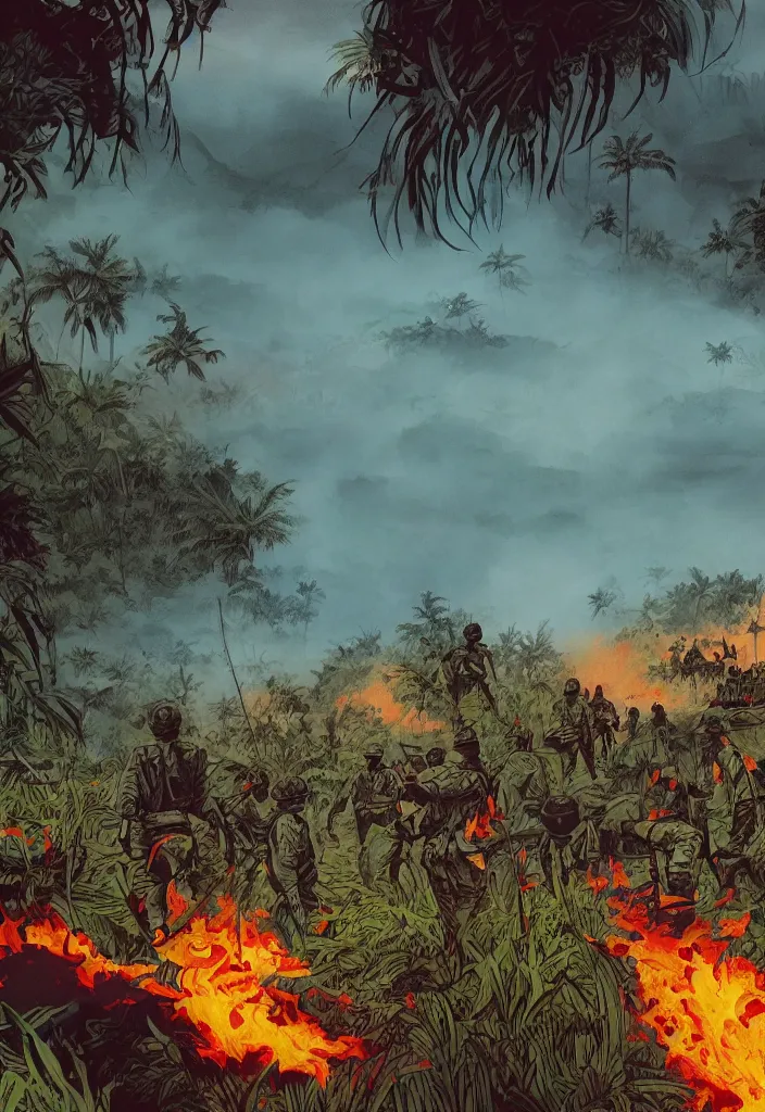 Image similar to handmade illustration of an epic Vietnam war scene with a few Rastafarian Jamaican soldiers walking, the jungle at the background, some smoke and fire, blue sky with dramatic clouds, line art, ink, watercolor by Kilian Eng and by Jake Parker, heavy brushstrokes, winning-award masterpiece, fantastic, octane render, 8K HD Resolution, High quality image