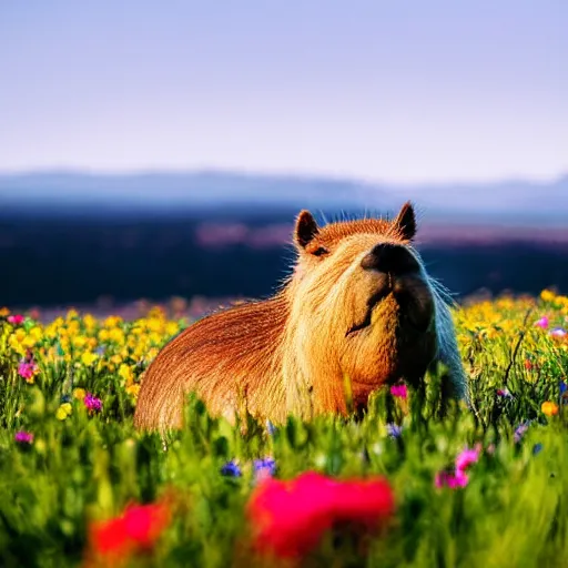 Prompt: Capybara sitting in a field of flowers rolling hills in the distance, clear sky, vibrant, colorful, cinematic shot