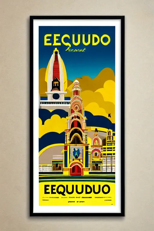 Prompt: art deco travel poster. ecuador, framed poster