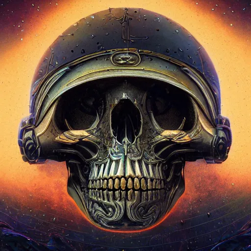 Prompt: portrait of a fantasycore glitchcore skull in a helmet. intricate abstract. intricate artwork. celestial. immaculate, by dan seagrave, beeple, dan mumford. octane render, CGSociety very coherent symmetrical artwork. cinematic, hyper realism, high detail, octane render, 8k, iridescent accents