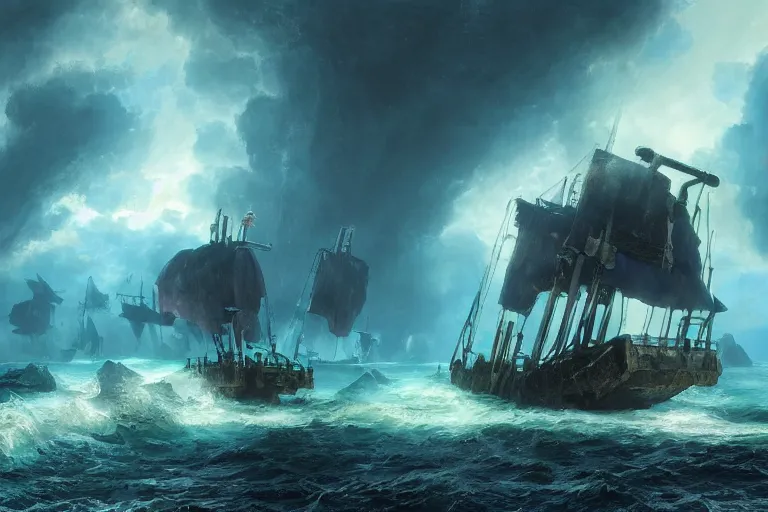 Prompt: a wrecked pirate ship on the reef, storm, lightnings, dark atmosphere, by John Howe, 4K, unreal engine 5, teal and dark blue color scheme